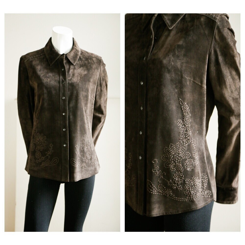 Gloria Gaudette Buttery Soft Dark Brown Embroidered Suede Snap Button Shirt 6